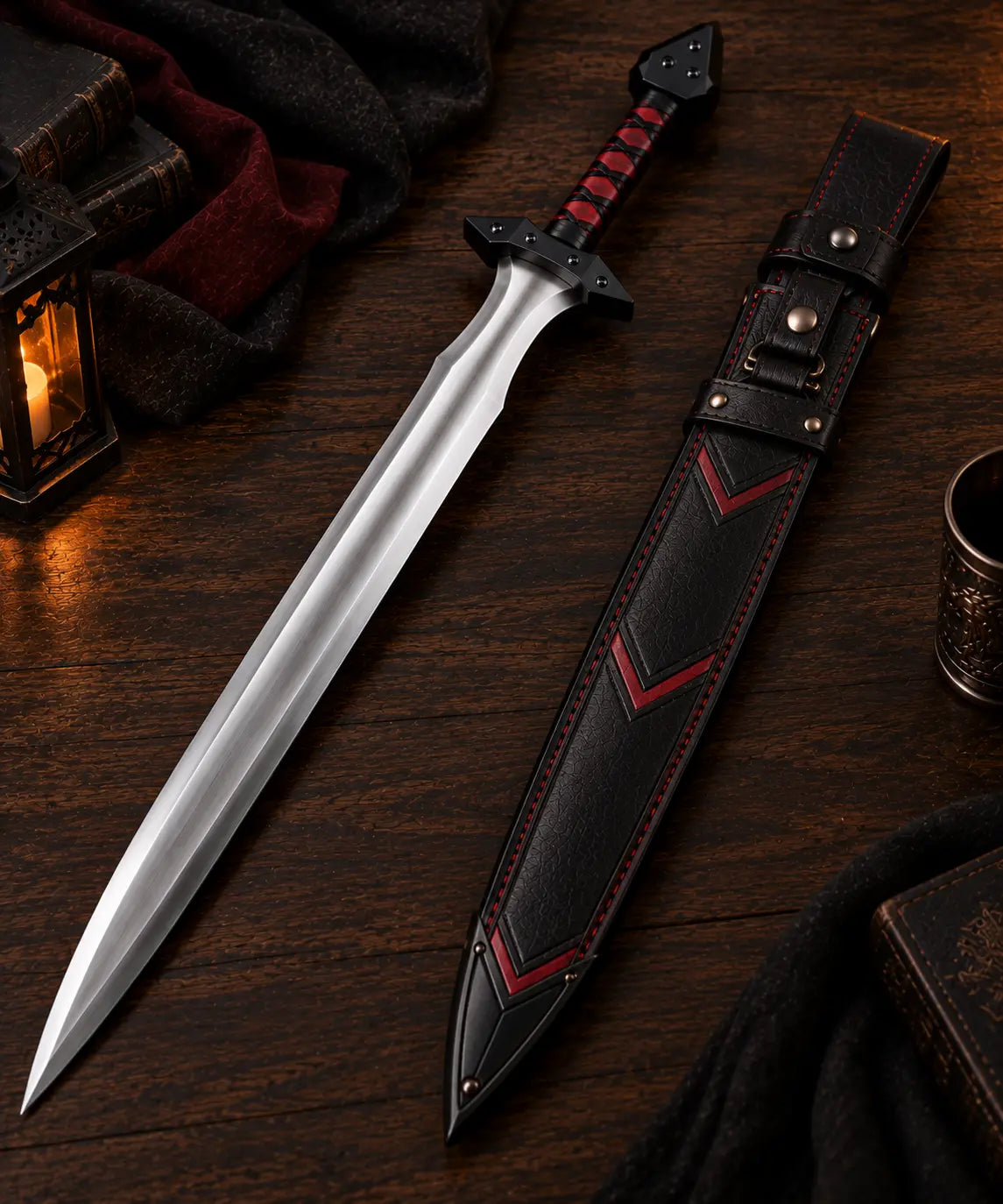 Black and red fantasy longsword with sheath – handmade medieval sword replica for cosplay and wall display