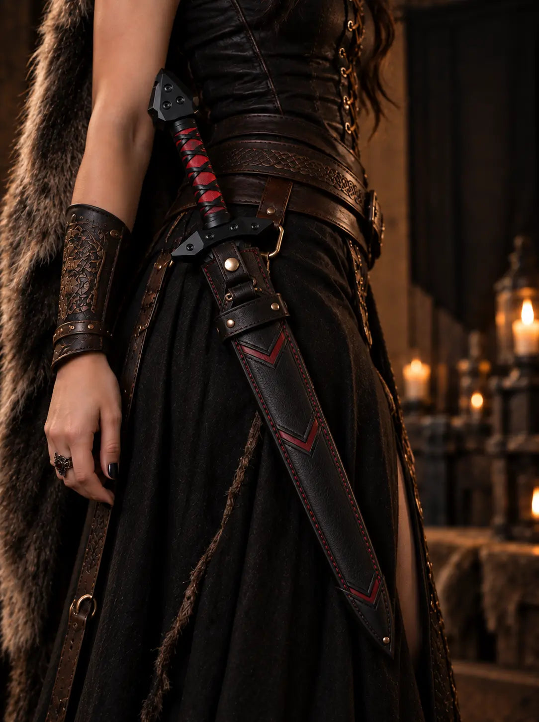 Red fantasy sword with black & red wrapped hilt – medieval cosplay sword with decorative steel blade