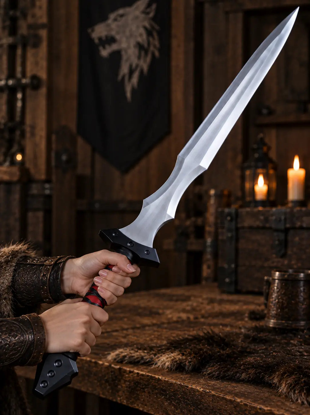Black & red medieval longsword with sheath – fantasy sword replica, decorative display sword gift for men