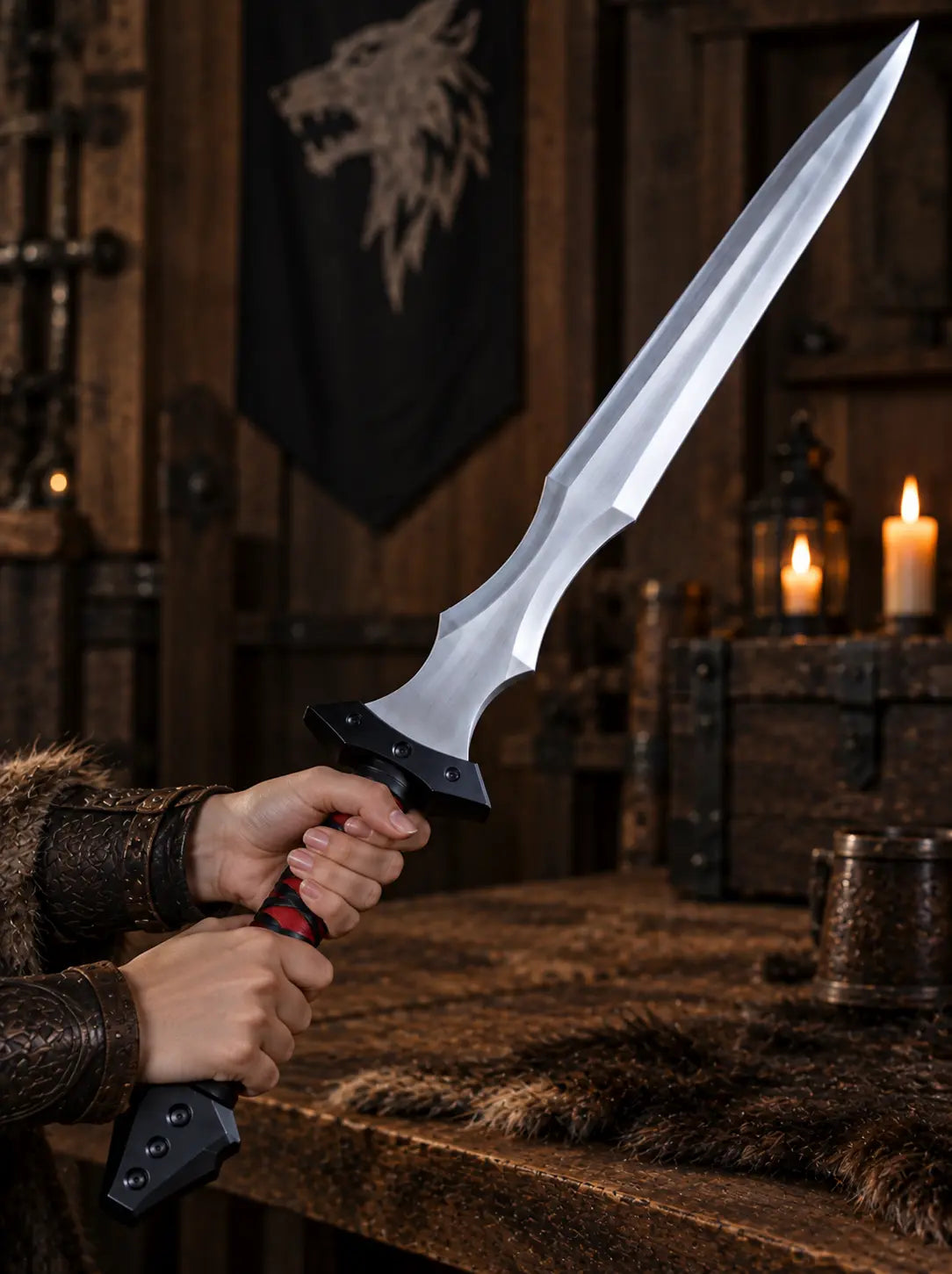Black & red medieval longsword with sheath – fantasy sword replica, decorative display sword gift for men