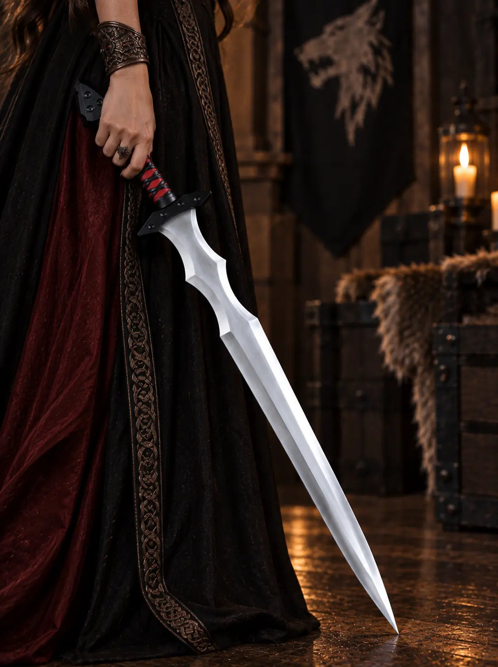 Red Fantasy Sword with Sheath – Black & Red Medieval Cosplay Sword, handmade longsword replica by Lycan Handmade Style