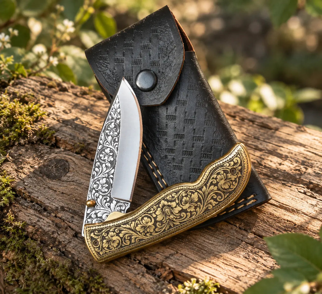 Hand-Engraved D2 Steel  Pocket Knife – Gold Floral Brass Handle Lycan Handmade Style
