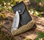 Hand-Engraved D2 Steel  Pocket Knife – Gold Floral Brass Handle Lycan Handmade Style