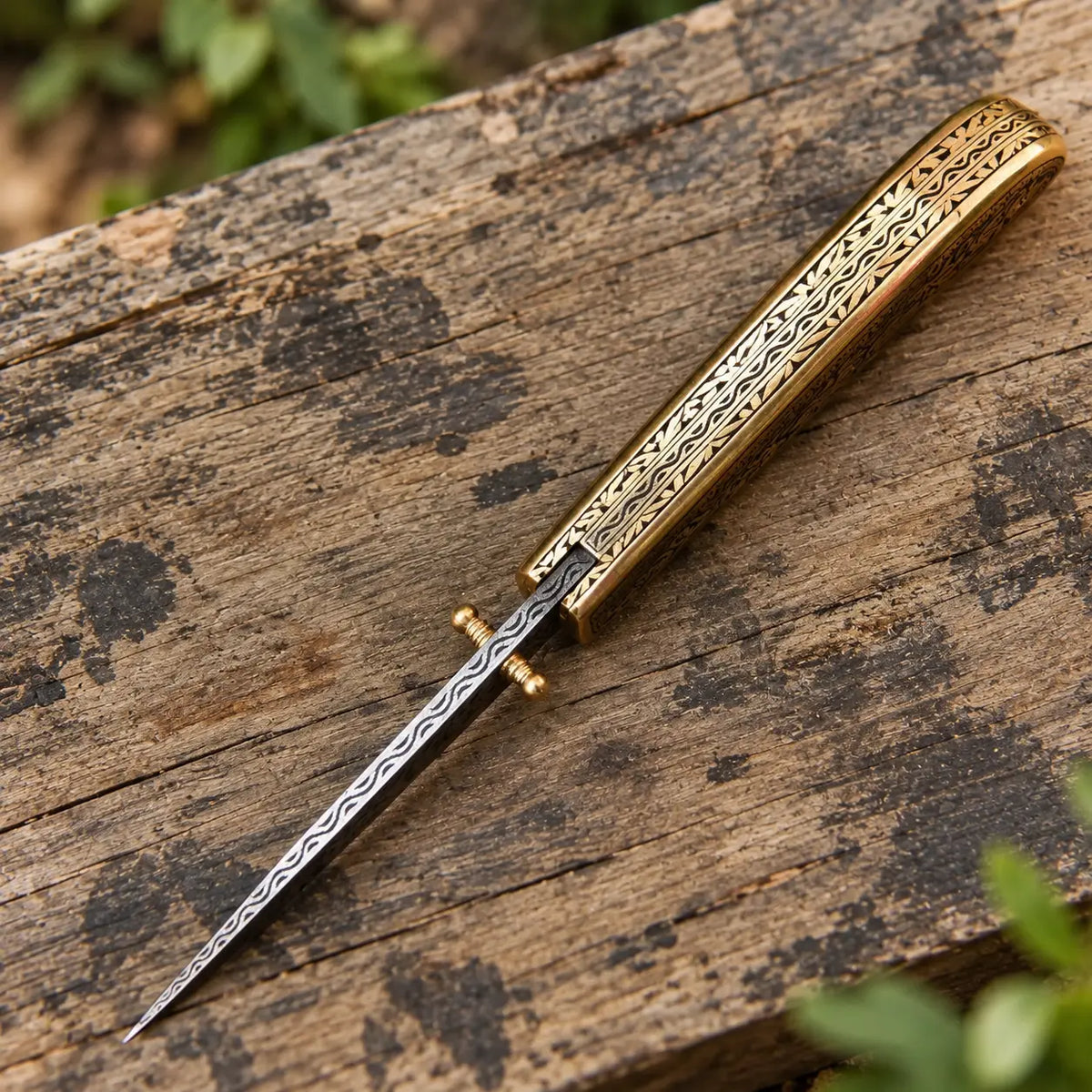 Hand-Engraved D2 Steel  Pocket Knife – Gold Floral Brass Handle Lycan Handmade Style