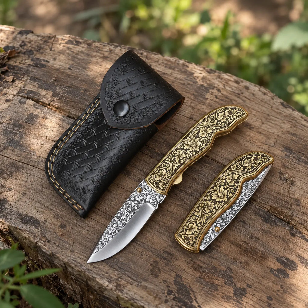 Hand-Engraved D2 Steel  Pocket Knife – Gold Floral Brass Handle Lycan Handmade Style