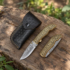 Hand-Engraved D2 Steel  Pocket Knife – Gold Floral Brass Handle Lycan Handmade Style