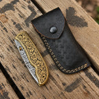 Hand-Engraved D2 Steel  Pocket Knife – Gold Floral Brass Handle Lycan Handmade Style