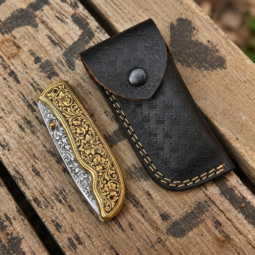 Hand-Engraved D2 Steel  Pocket Knife – Gold Floral Brass Handle Lycan Handmade Style