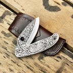 Hand Engraved Damascus Folding Knife – Custom EDC Pocket Knife Lycan Handmade Style