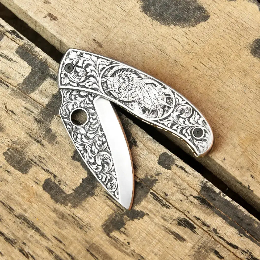 Hand Engraved Damascus Folding Knife – Custom EDC Pocket Knife Lycan Handmade Style