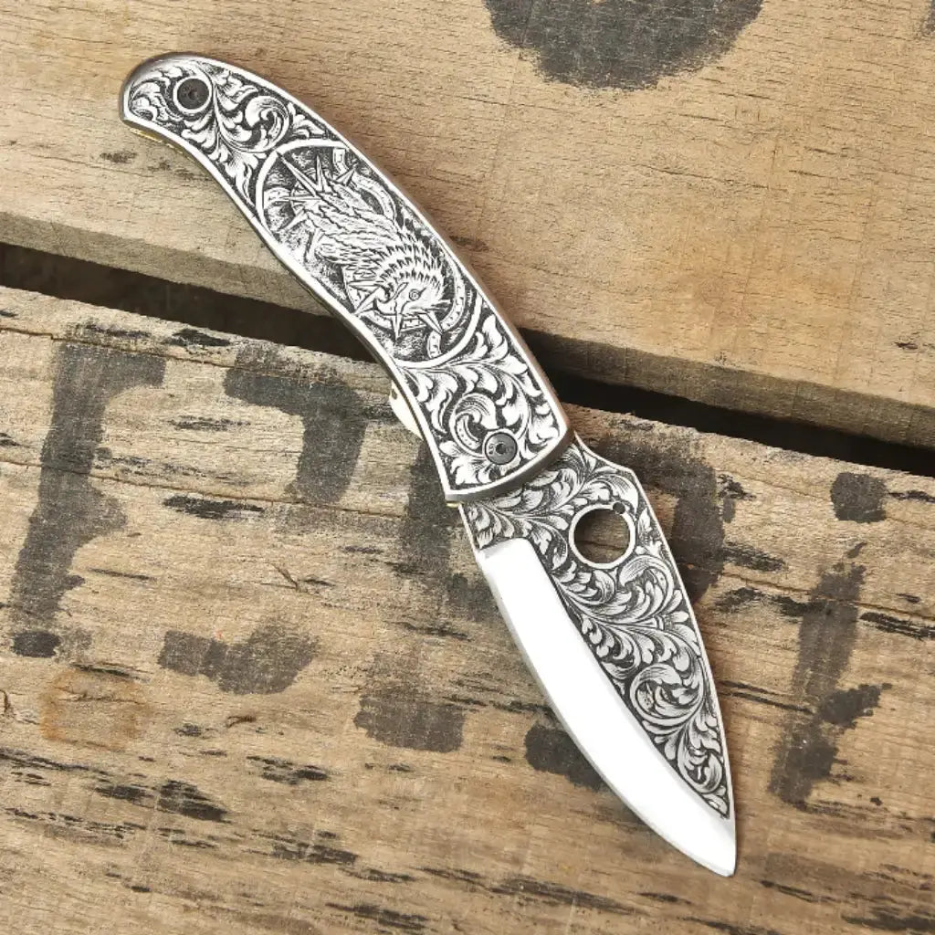 Hand Engraved Damascus Folding Knife – Custom EDC Pocket Knife Lycan Handmade Style