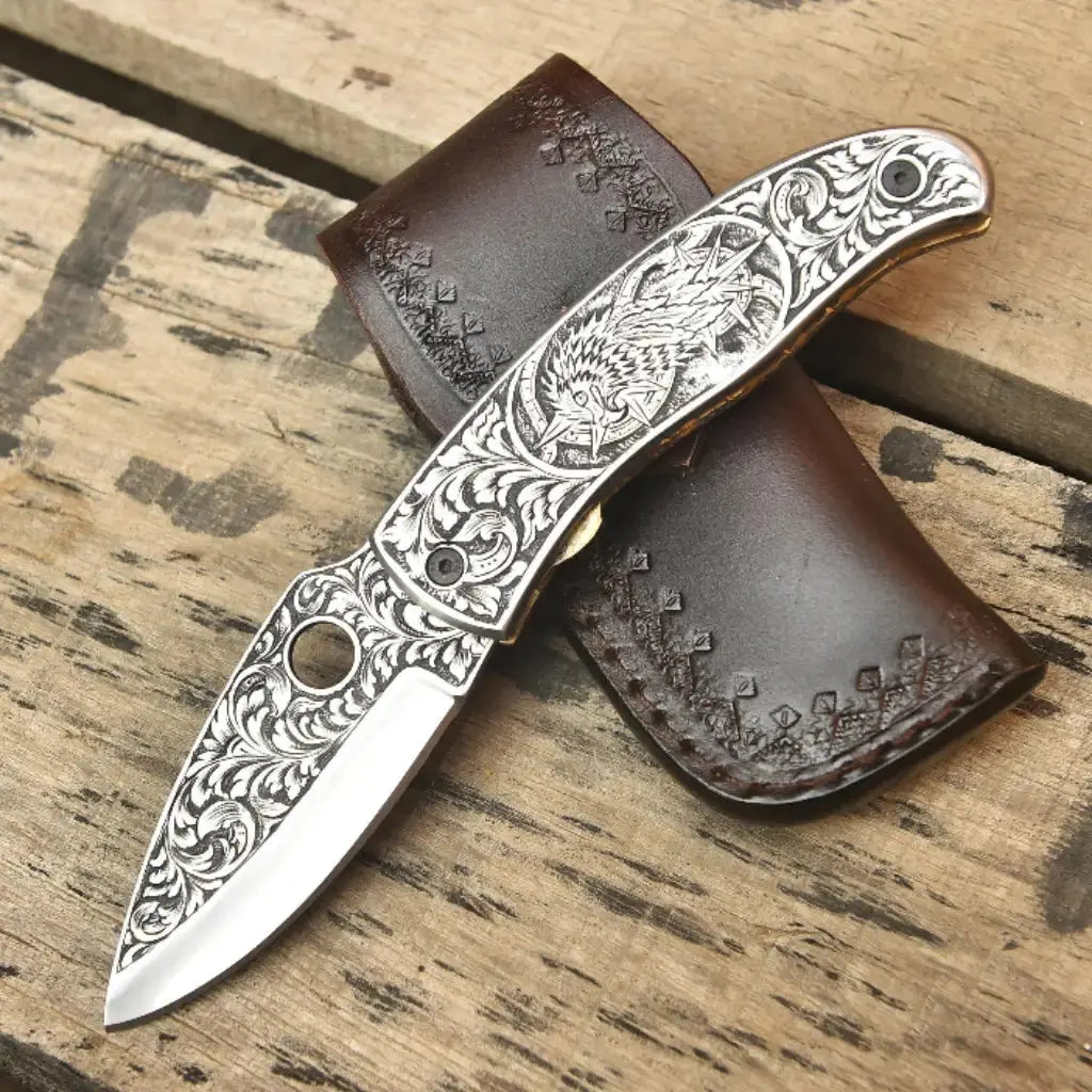 Hand Engraved Damascus Folding Knife – Custom EDC Pocket Knife Lycan Handmade Style