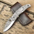 Hand Engraved Damascus Folding Knife – Custom EDC Pocket Knife Lycan Handmade Style