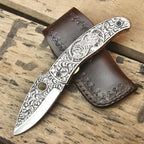Hand Engraved Damascus Folding Knife – Custom EDC Pocket Knife Lycan Handmade Style