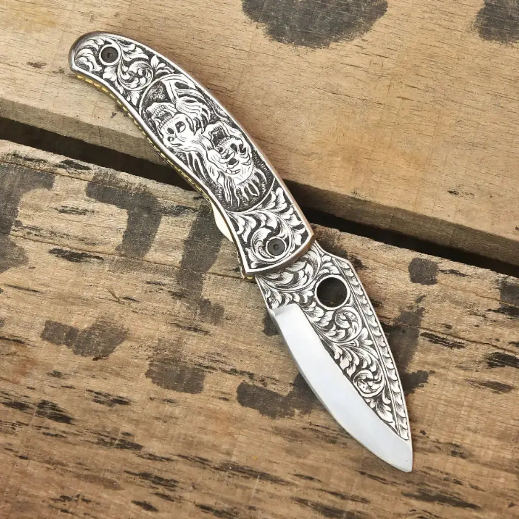 Skull Engraved Damascus Folding Knife – Gothic EDC Pocket Knife Lycan Handmade Style