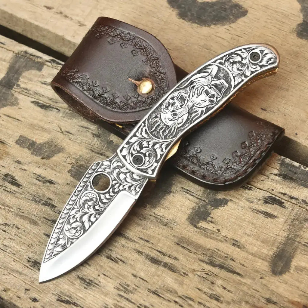 Skull Engraved Damascus Folding Knife – Gothic EDC Pocket Knife Lycan Handmade Style