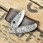 Skull Engraved Damascus Folding Knife – Gothic EDC Pocket Knife Lycan Handmade Style