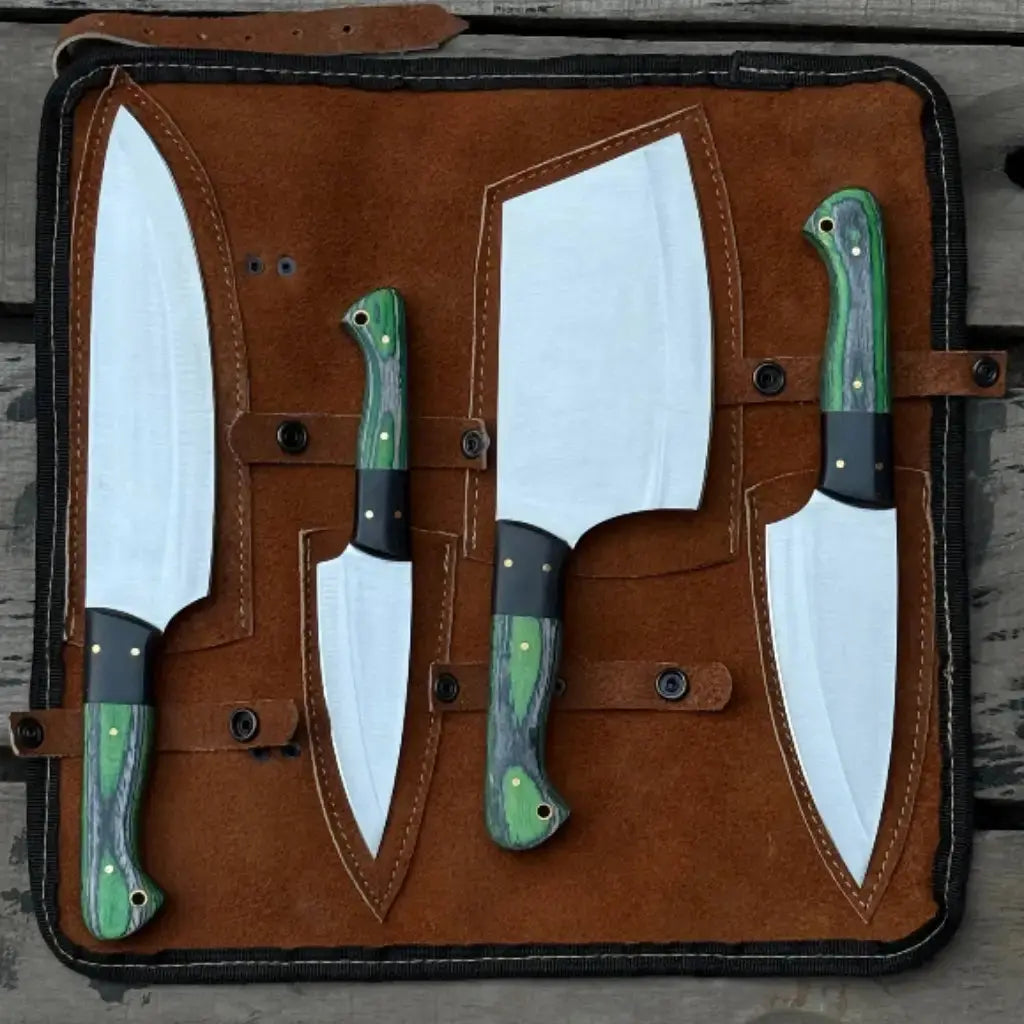 Handmade 4-Piece Carbon Steel Chef Knife Set – Green Pakkawood Handle Lycan Handmade Style