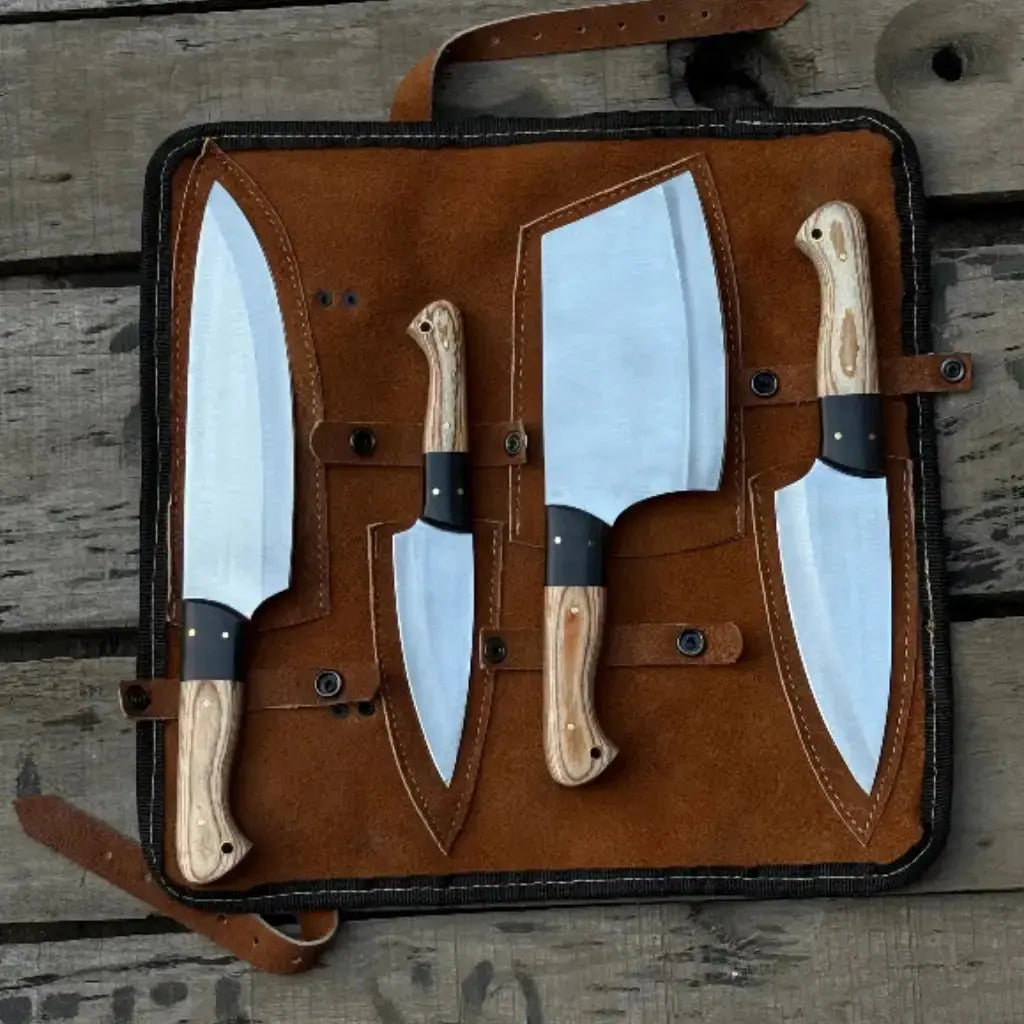 Handmade 4-Piece Carbon Steel Chef Knife Set – Natural Wood Handle Lycan Handmade Style