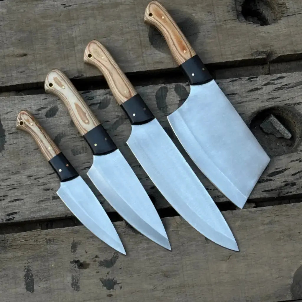 Handmade 4-Piece Carbon Steel Chef Knife Set – Natural Wood Handle Lycan Handmade Style