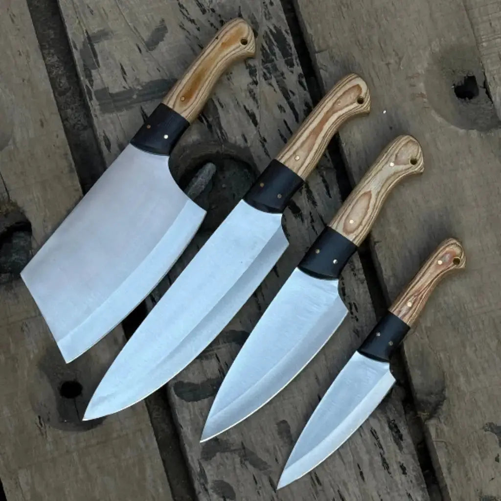 Handmade 4-Piece Carbon Steel Chef Knife Set – Natural Wood Handle Lycan Handmade Style