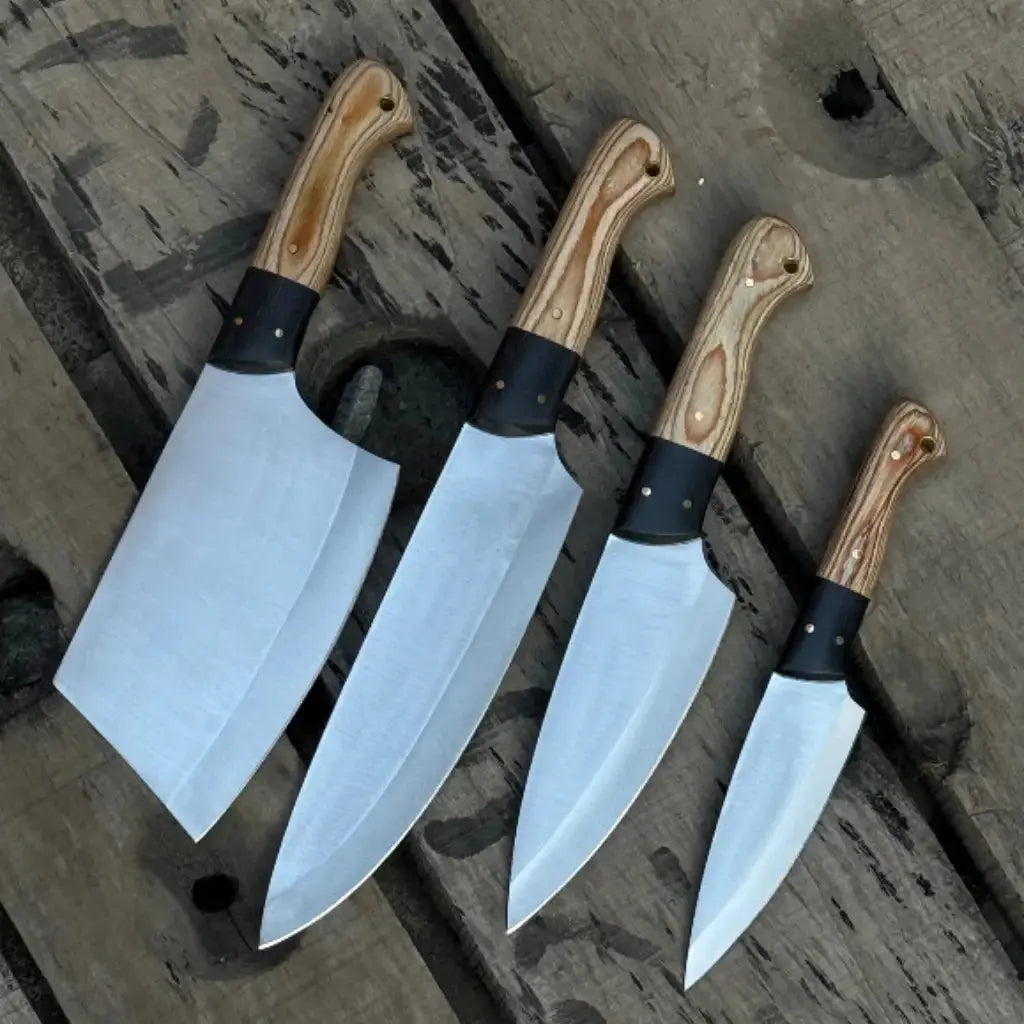 Handmade 4-Piece Carbon Steel Chef Knife Set – Natural Wood Handle Lycan Handmade Style