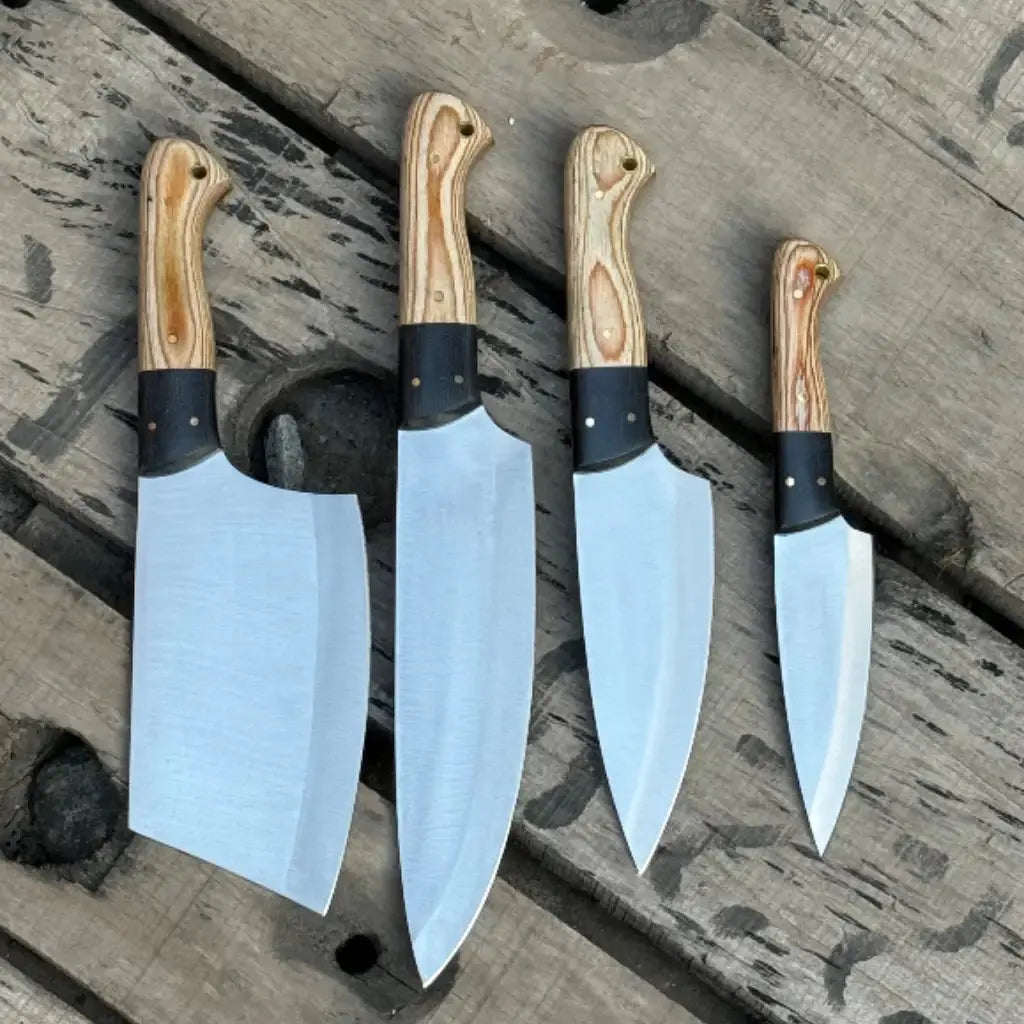 Handmade 4-Piece Carbon Steel Chef Knife Set – Natural Wood Handle Lycan Handmade Style