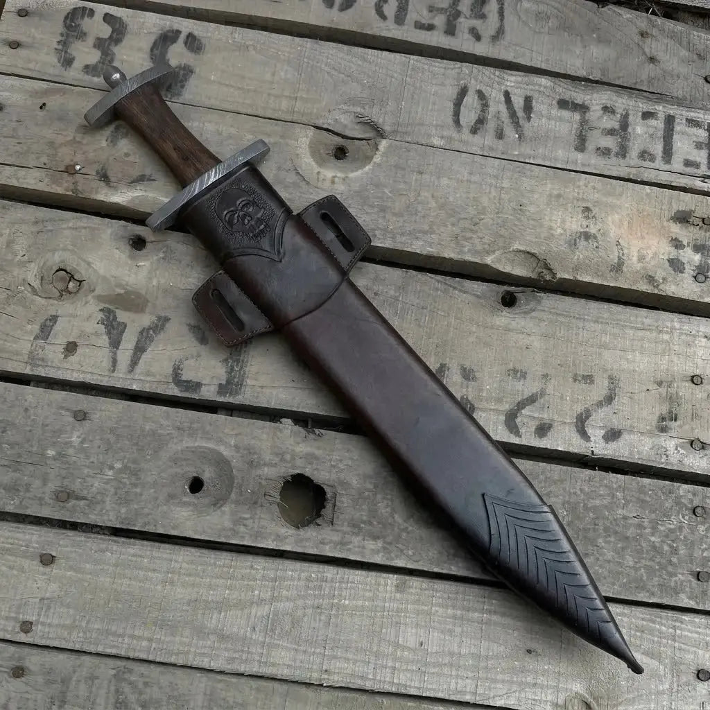Damascus Steel Viking Short Sword with Leather Sheath Lycan Handmade Style