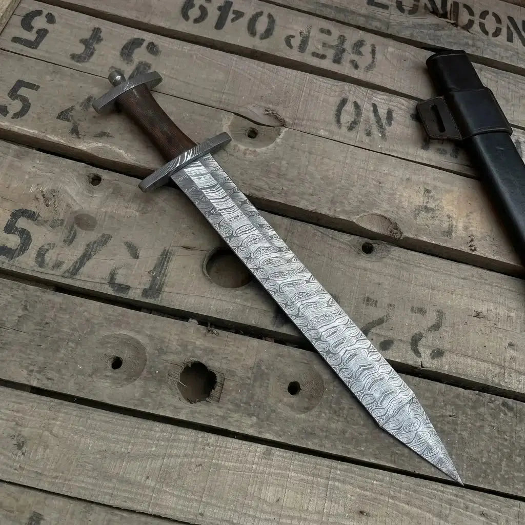 Damascus Steel Viking Short Sword with Leather Sheath Lycan Handmade Style