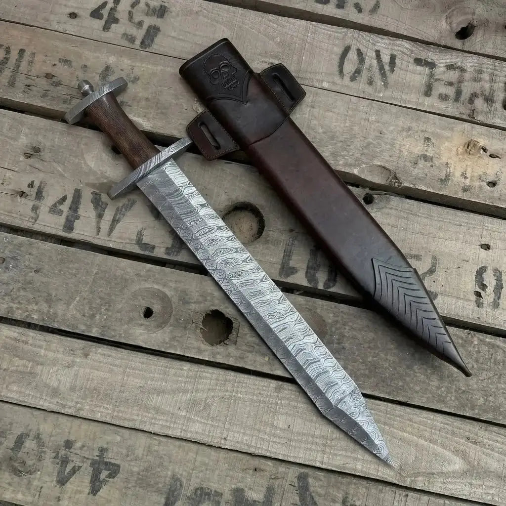 Damascus Steel Viking Short Sword with Leather Sheath Lycan Handmade Style