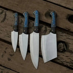 Handmade 4-Piece J2  Steel Chef Knife Set – Blue Wood Handle Lycan Handmade Style