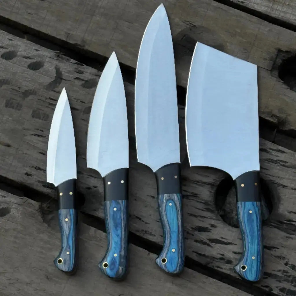 Handmade 4-Piece J2  Steel Chef Knife Set – Blue Wood Handle Lycan Handmade Style
