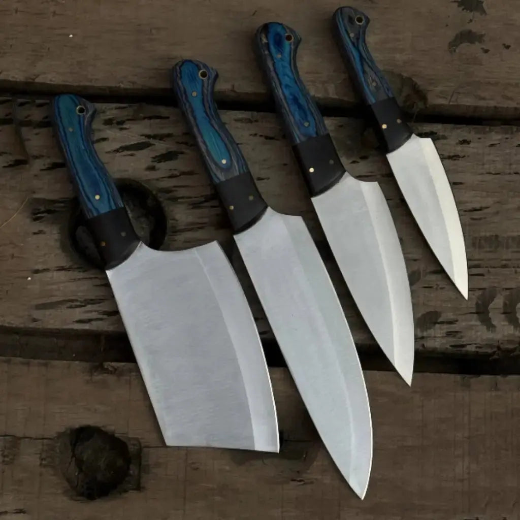 Handmade 4-Piece J2  Steel Chef Knife Set – Blue Wood Handle Lycan Handmade Style