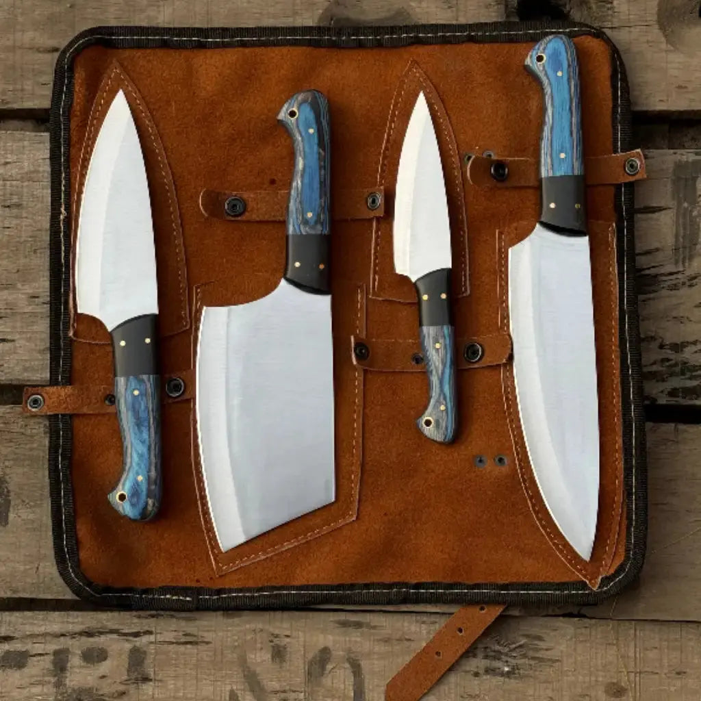 Handmade 4-Piece J2  Steel Chef Knife Set – Blue Wood Handle Lycan Handmade Style