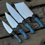 Handmade 4-Piece J2  Steel Chef Knife Set – Blue Wood Handle Lycan Handmade Style