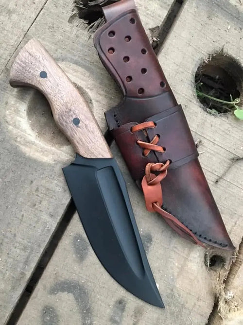 Handmade black blade hunting knife with walnut wood handle - full view