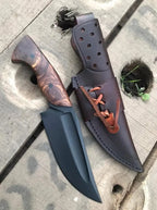 Handmade black powder coat hunting knife with burl wood handle - full view