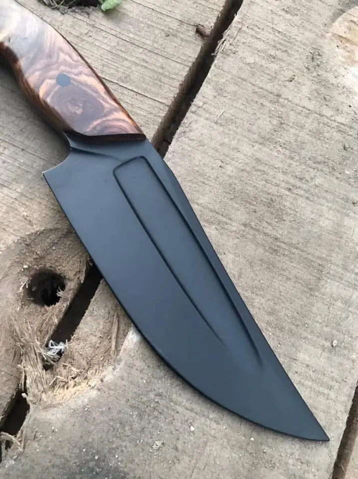 Black powder coat blade close-up on burl wood handle knife