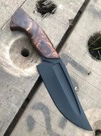 Black powder coat hunting knife with leather sheath and lacing