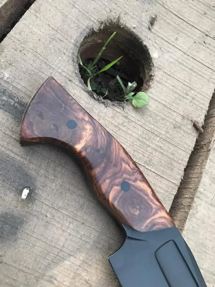 Black powder coat hunting knife with burl handle - side angle