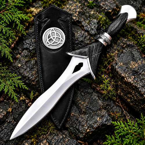 Handmade black Viking style carbon steel knife with mirror polished dagger blade, black handle, Celtic collar and black leather sheath with triquetra emblem