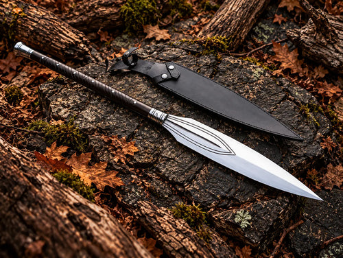 Handmade forged carbon steel spear with leaf-shaped blade, wooden handle, steel pommel and black leather sheath - full view