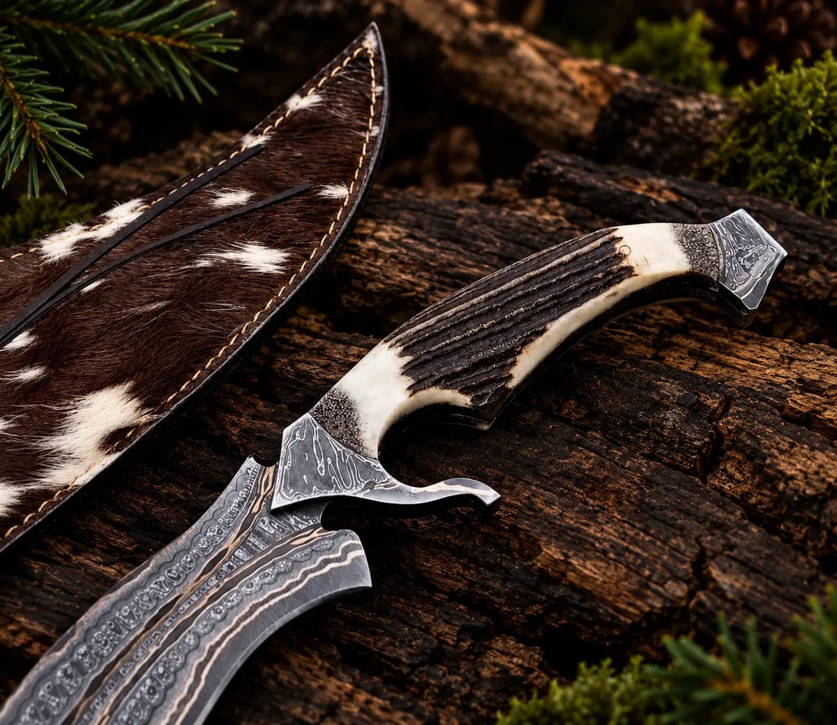 Stag-style handle with hooked guard detail on copper Damascus Bowie knife
