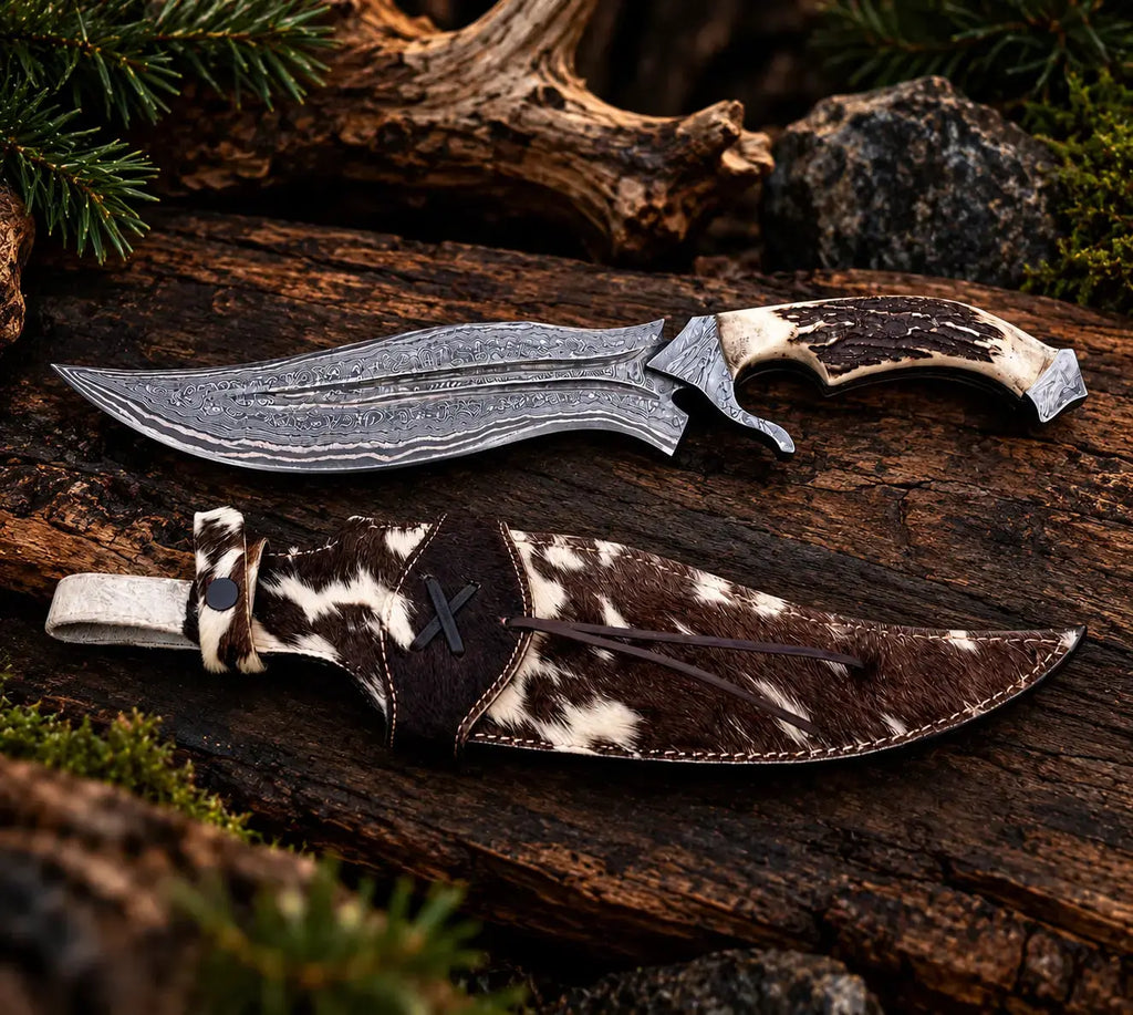 Hair-on cowhide sheath with X-stitched closure for copper Damascus Bowie knife