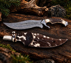 Hair-on cowhide sheath with X-stitched closure for copper Damascus Bowie knife