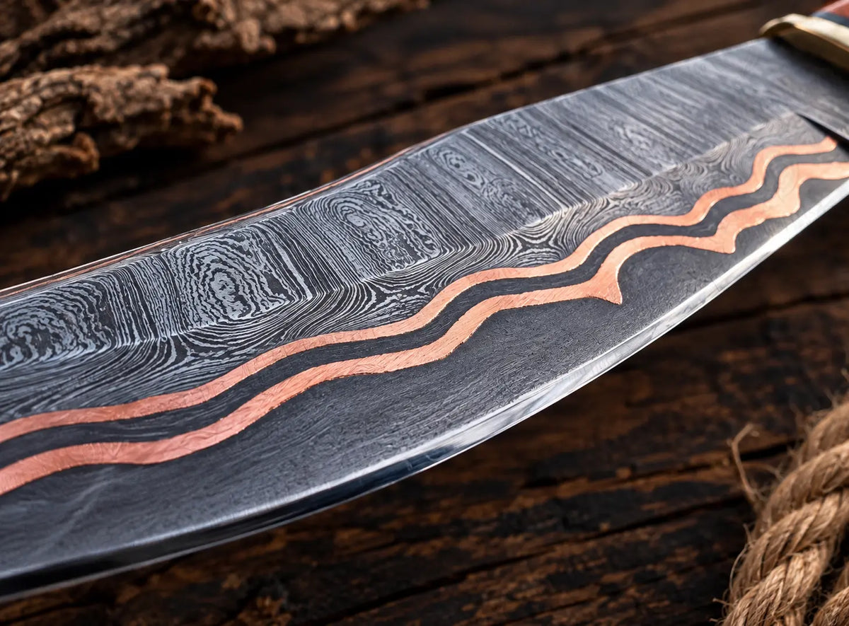 Copper Damascus clip point blade with copper edge lining close-up