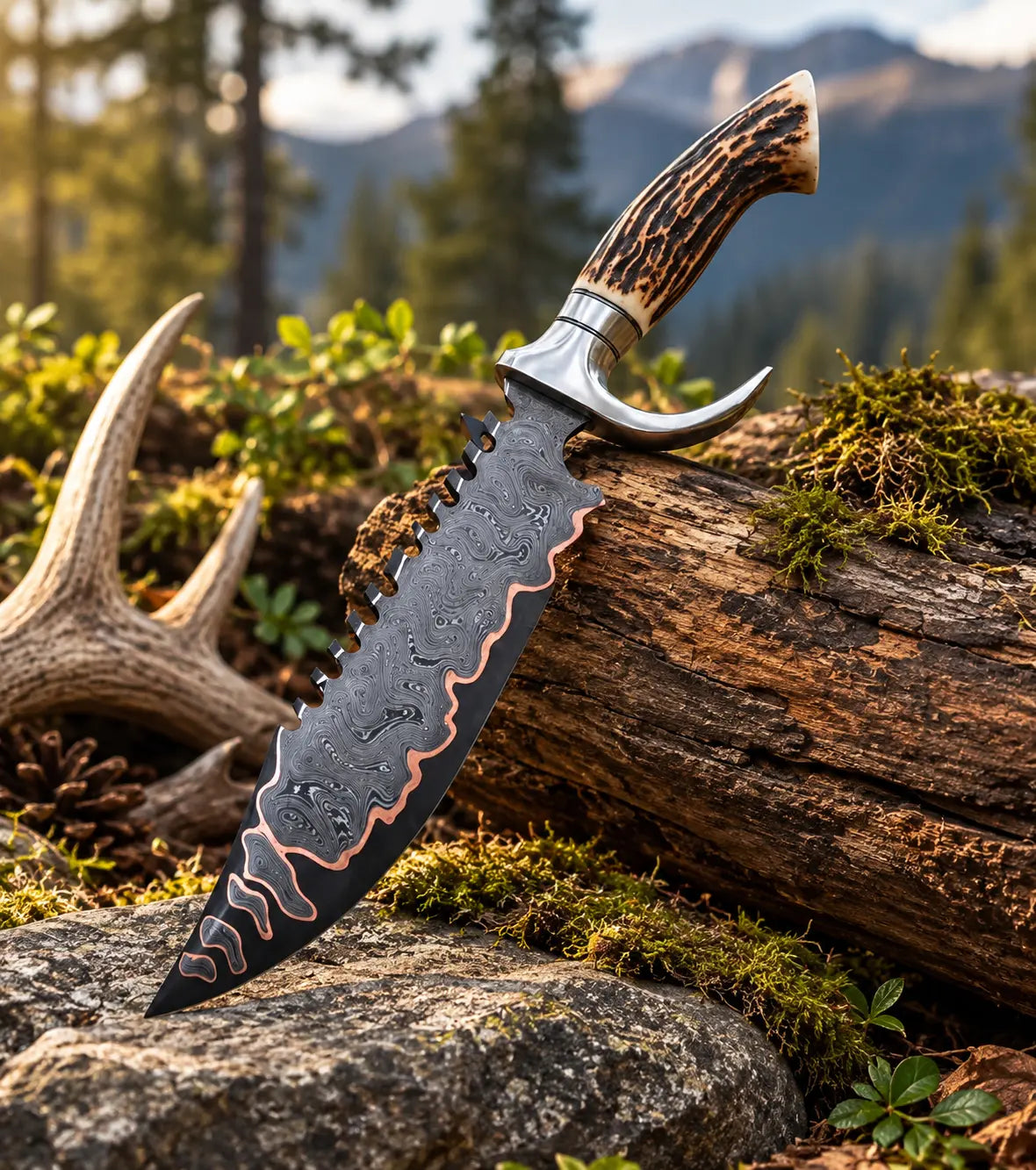 Copper Damascus recurve blade with saw-tooth spine close-up