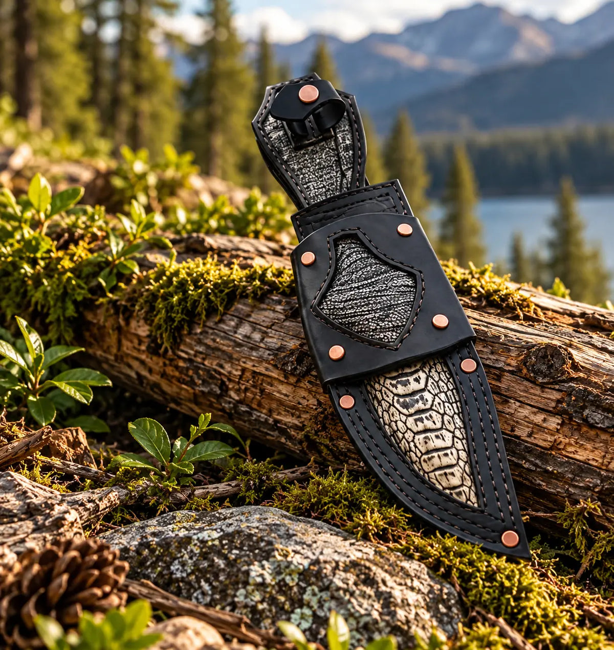 Stag antler handle and curved steel guard detail on copper Damascus Bowie knife