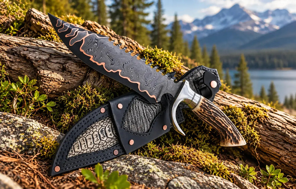 Custom leather sheath with copper rivets for copper Damascus Bowie knife