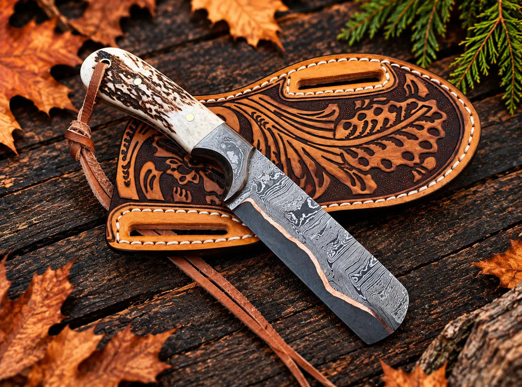 Handmade copper Damascus bull cutter with stag horn handle and leather sheath - full view